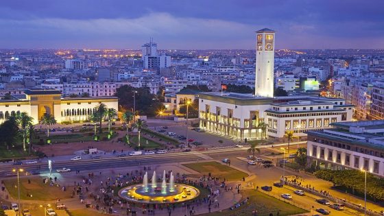 Morocco, Casablanca, Place Mohammed V.The Palais de Justice (law courts) building on the left and the Ancienne Prefecture (Old Police Station) on the right.