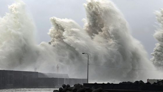 High waves triggered by Typhoon Nanmadol are seen at a fishing port in Aki, Kochi Prefecture, western Japan, September 19, 2022, in this photo taken by Kyodo. Mandatory credit Kyodo via REUTERS ATTENTION EDITORS - THIS IMAGE WAS PROVIDED BY A THIRD PARTY. MANDATORY CREDIT. JAPAN OUT. NO COMMERCIAL OR EDITORIAL SALES IN JAPAN