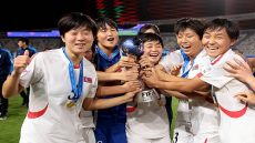 RABAT, MOROCCO - NOVEMBER 08: Players of Korea DPR pose for a photo with the FIFA U-17 Women's World Cup Morocco 2025 Trophy following the FIFA U-17 Women's World Cup Morocco 2025 Final match between Korea DPR and Netherlands on November 08, 2025 in Rabat, Morocco. (Photo by Jonathan Moscrop - FIFA/FIFA via Getty Images)
